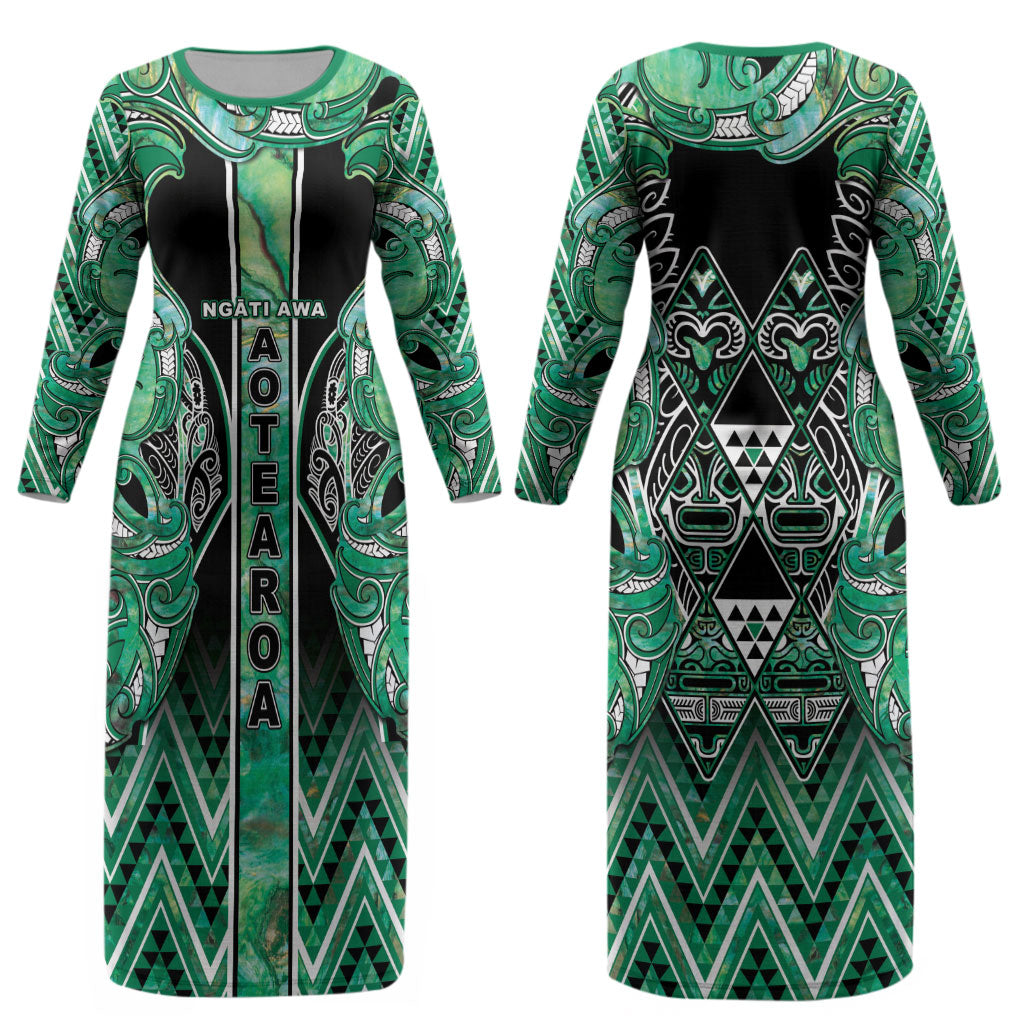 Aotearoa Ngati Awa Couples Matching Long Sleeve Bodycon Dress and Hawaiian Shirt Maori Tribal Green Marble Paua Shell Pattern DT05 - Polynesian Pride
