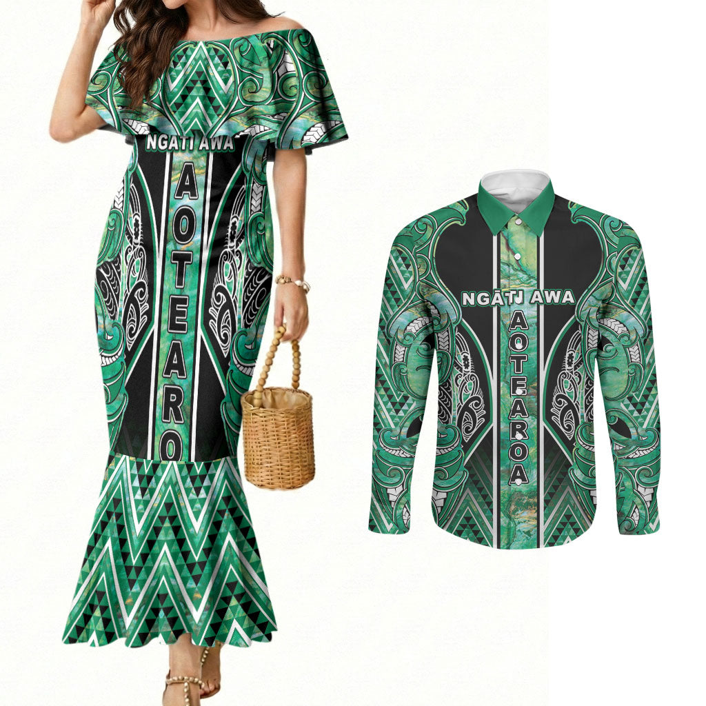 Aotearoa Ngati Awa Couples Matching Mermaid Dress and Long Sleeve Button Shirt Maori Tribal Green Marble Paua Shell Pattern