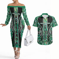 Aotearoa Ngati Awa Couples Matching Off The Shoulder Long Sleeve Dress and Hawaiian Shirt Maori Tribal Green Marble Paua Shell Pattern DT05 Green - Polynesian Pride
