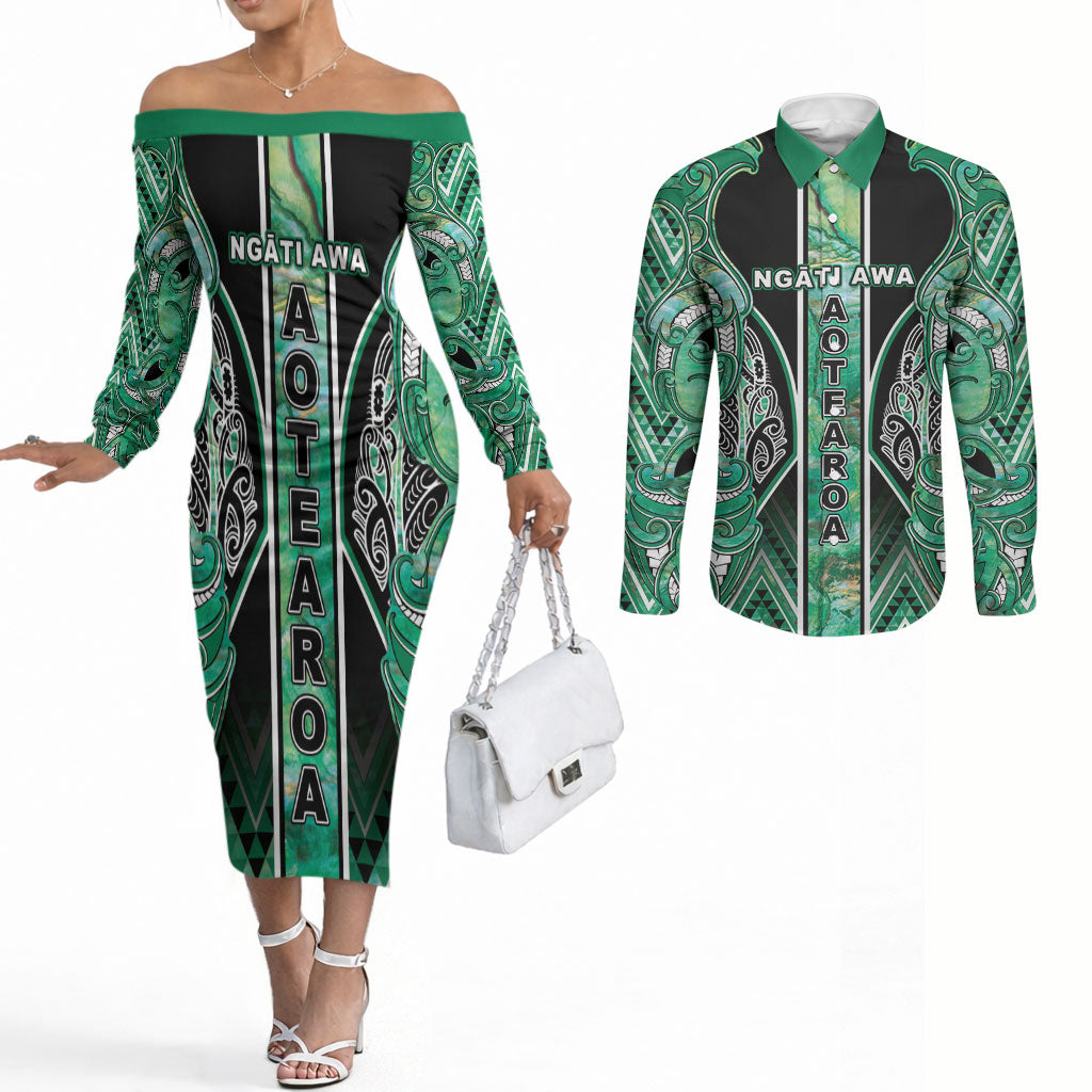 Aotearoa Ngati Awa Couples Matching Off The Shoulder Long Sleeve Dress and Long Sleeve Button Shirt Maori Tribal Green Marble Paua Shell Pattern