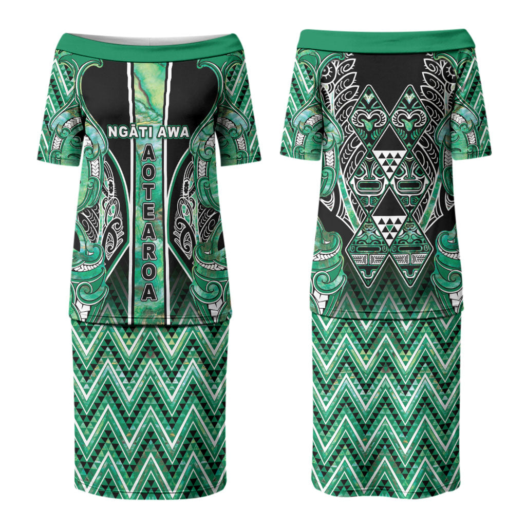 Aotearoa Ngati Awa Couples Matching Puletasi and Long Sleeve Button Shirt Maori Tribal Green Marble Paua Shell Pattern DT05 - Polynesian Pride