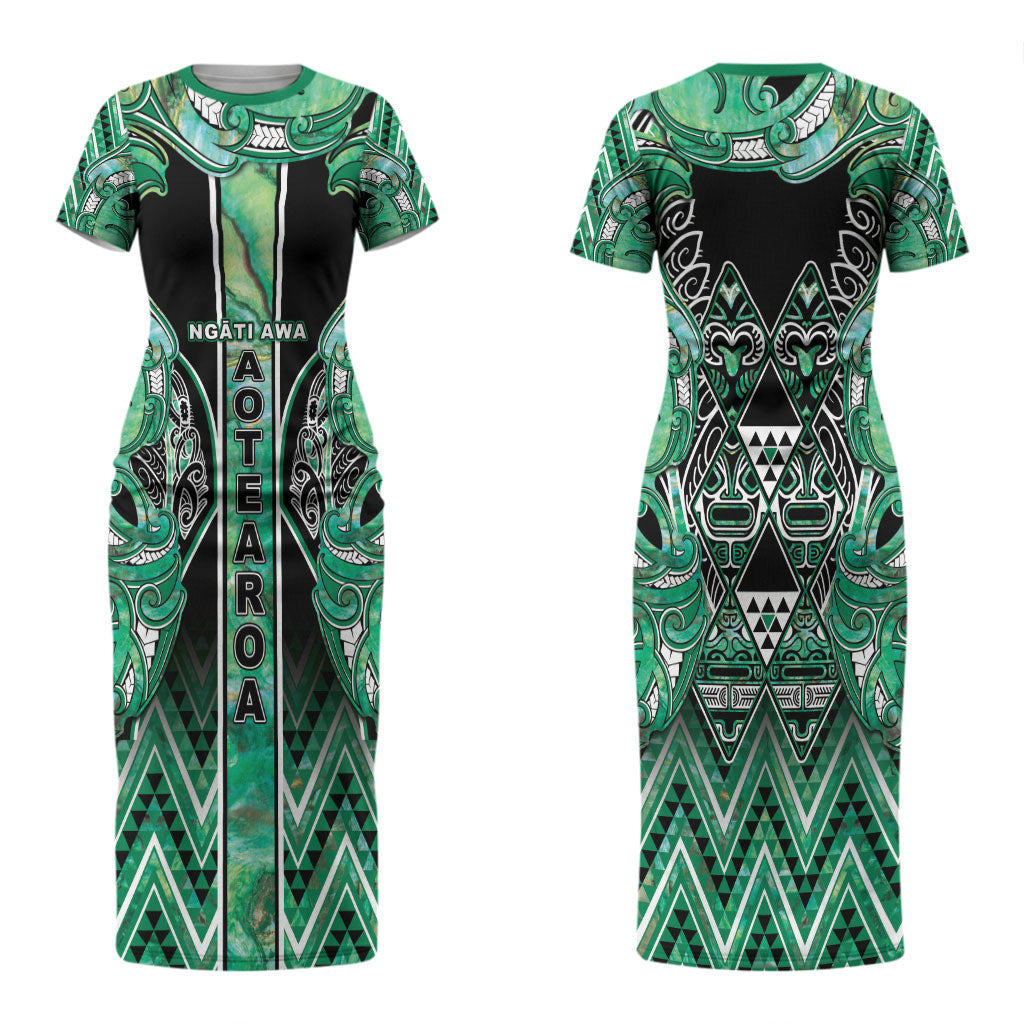 Aotearoa Ngati Awa Couples Matching Short Sleeve Bodycon Dress and Hawaiian Shirt Maori Tribal Green Marble Paua Shell Pattern DT05 - Polynesian Pride