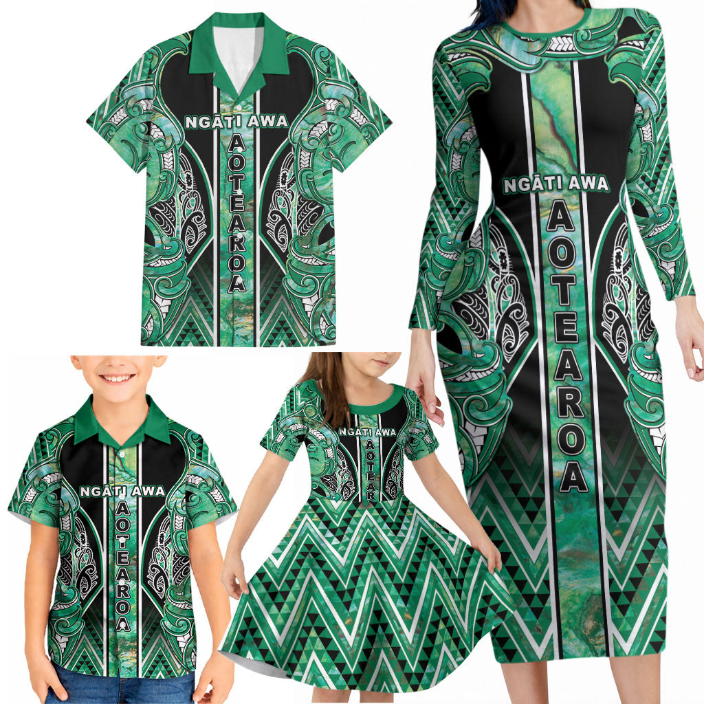 Aotearoa Ngati Awa Family Matching Long Sleeve Bodycon Dress and Hawaiian Shirt Maori Tribal Green Marble Paua Shell Pattern DT05 - Polynesian Pride