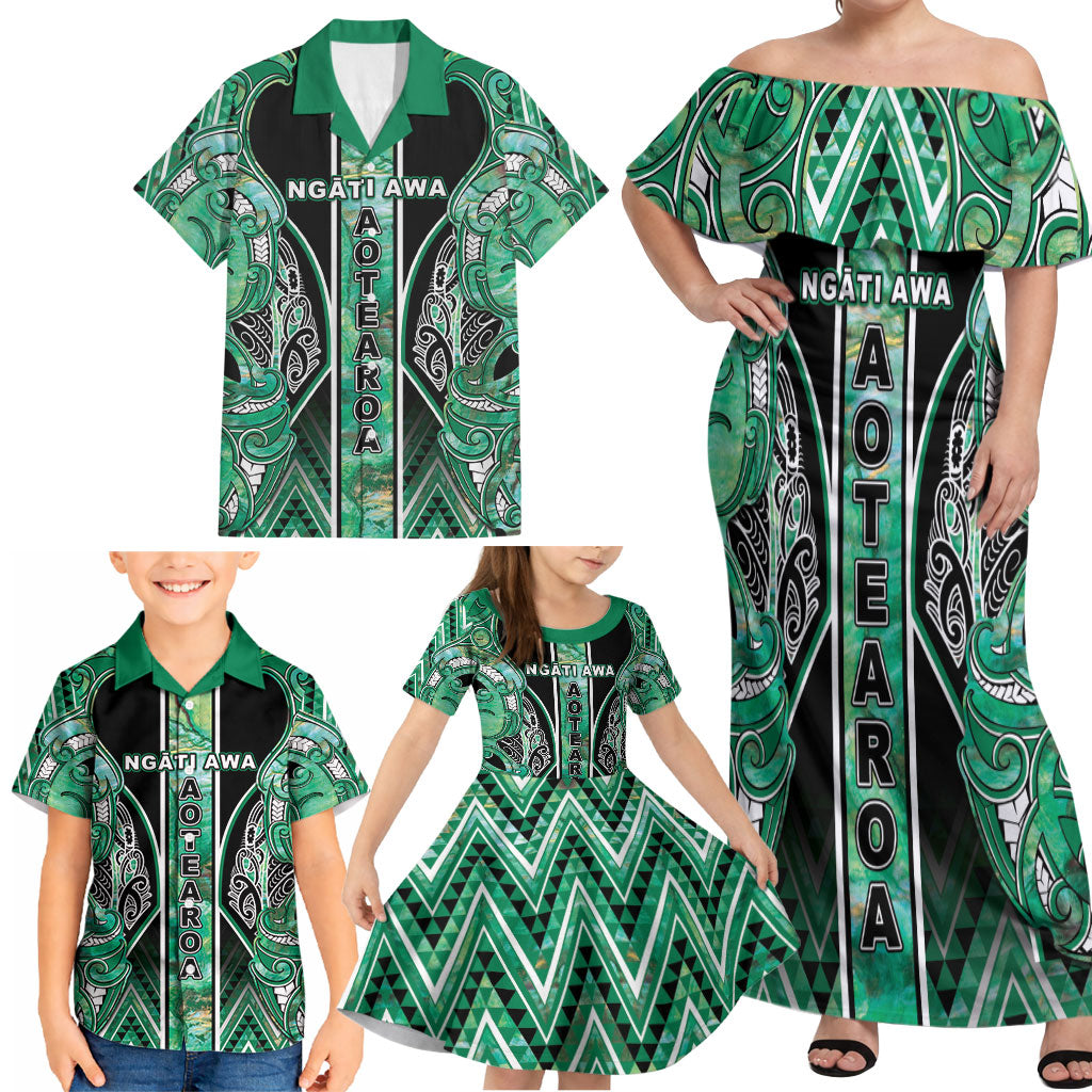 Aotearoa Ngati Awa Family Matching Off Shoulder Maxi Dress and Hawaiian Shirt Maori Tribal Green Marble Paua Shell Pattern DT05 - Polynesian Pride