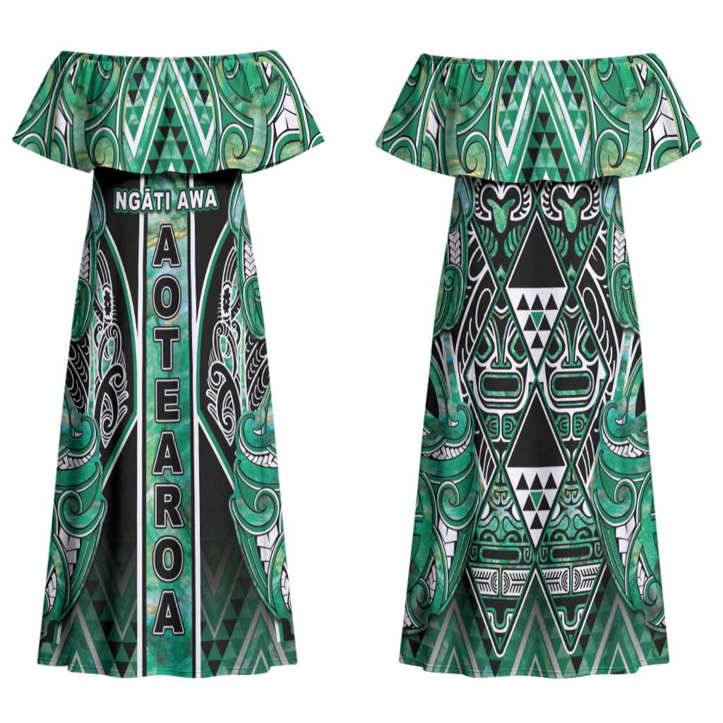 Aotearoa Ngati Awa Family Matching Off Shoulder Maxi Dress and Hawaiian Shirt Maori Tribal Green Marble Paua Shell Pattern DT05 Mom's Dress Green - Polynesian Pride