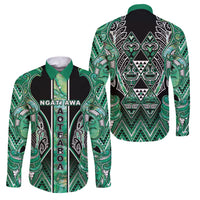 Aotearoa Ngati Awa Family Matching Off Shoulder Maxi Dress and Hawaiian Shirt Maori Tribal Green Marble Paua Shell Pattern DT05 Dad's Shirt - Long Sleeve Green - Polynesian Pride