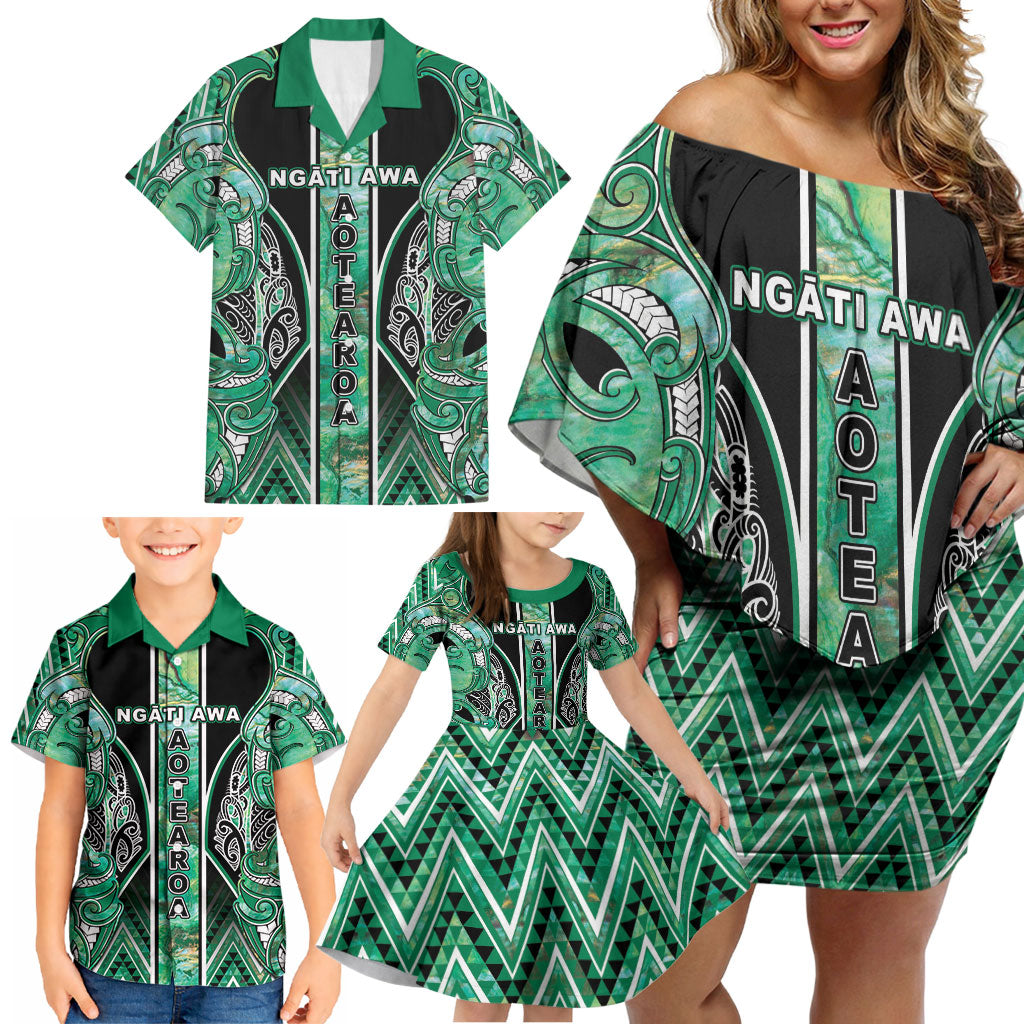 Aotearoa Ngati Awa Family Matching Off Shoulder Short Dress and Hawaiian Shirt Maori Tribal Green Marble Paua Shell Pattern DT05 - Polynesian Pride