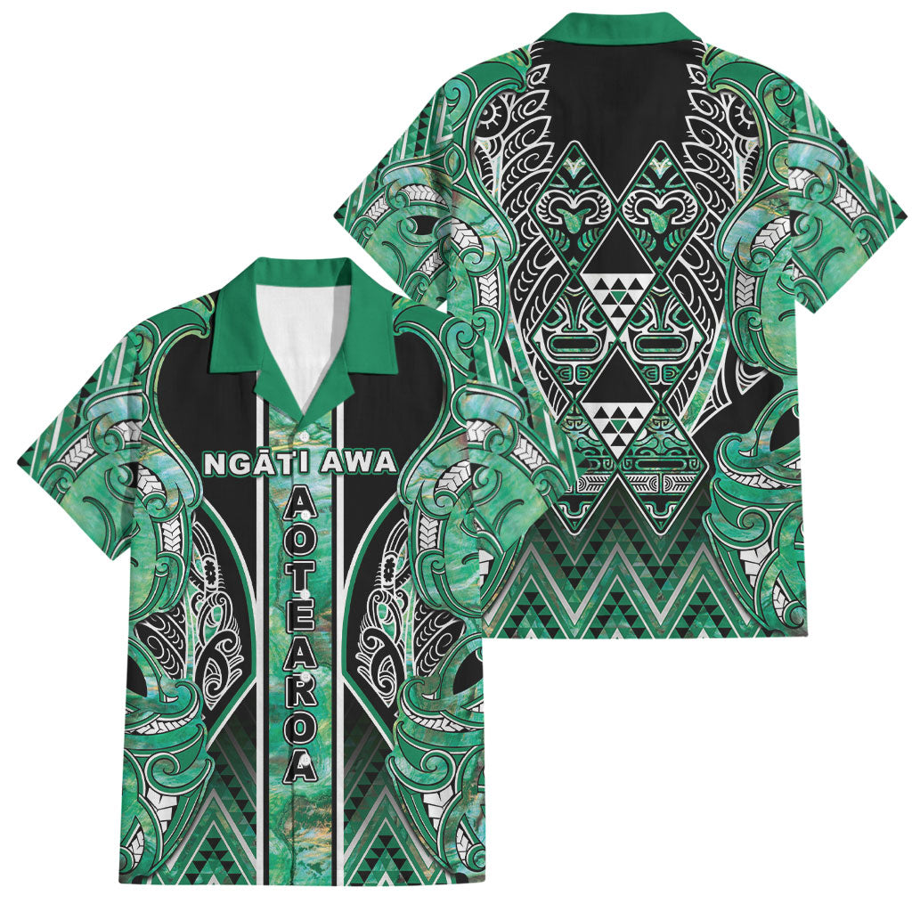 Aotearoa Ngati Awa Family Matching Off Shoulder Short Dress and Hawaiian Shirt Maori Tribal Green Marble Paua Shell Pattern DT05 Dad's Shirt - Short Sleeve Green - Polynesian Pride