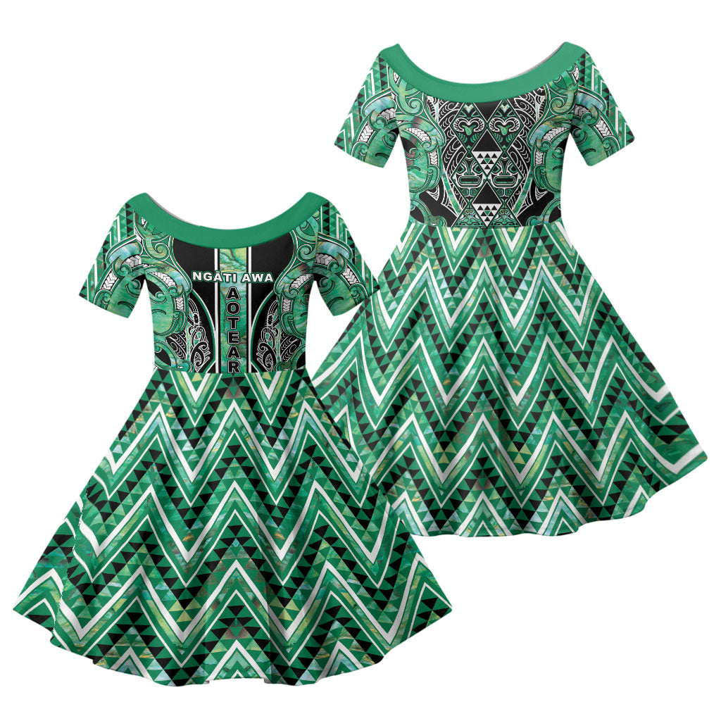 Aotearoa Ngati Awa Family Matching Off Shoulder Short Dress and Hawaiian Shirt Maori Tribal Green Marble Paua Shell Pattern DT05 Daughter's Dress Green - Polynesian Pride