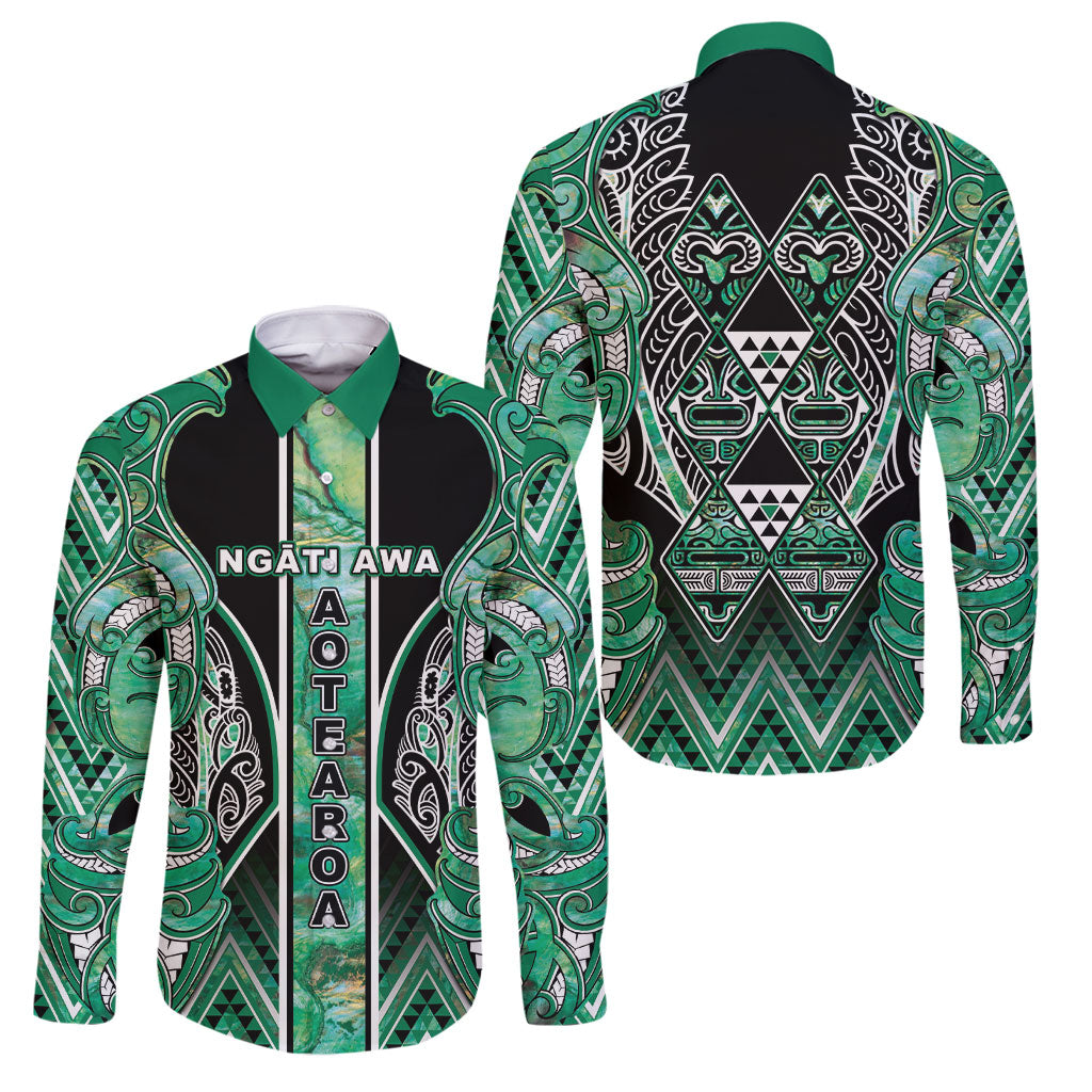 Aotearoa Ngati Awa Family Matching Puletasi and Hawaiian Shirt Maori Tribal Green Marble Paua Shell Pattern DT05 Dad's Shirt - Long Sleeve Green - Polynesian Pride