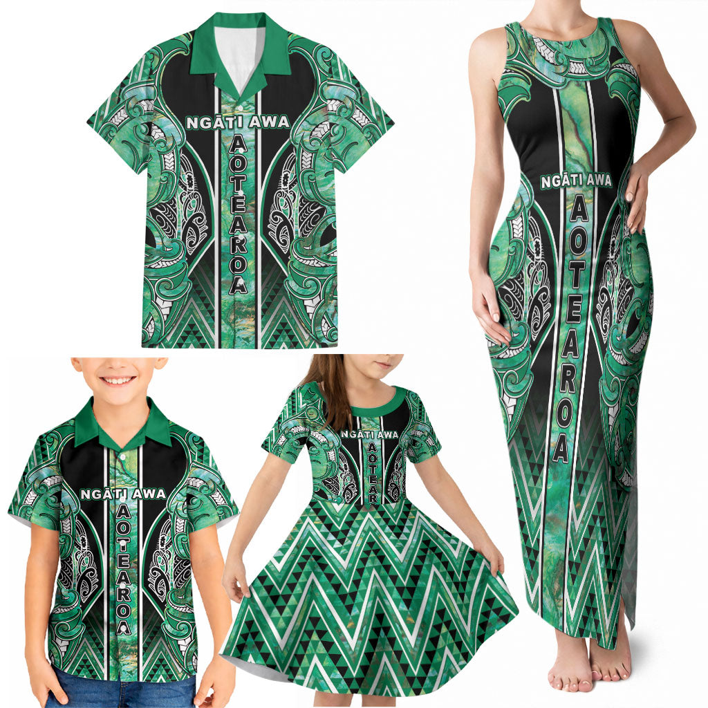 Aotearoa Ngati Awa Family Matching Tank Maxi Dress and Hawaiian Shirt Maori Tribal Green Marble Paua Shell Pattern DT05 - Polynesian Pride