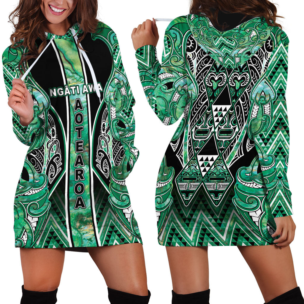 Aotearoa Ngati Awa Hoodie Dress Maori Tribal Green Marble Paua Shell Pattern DT05 - Polynesian Pride