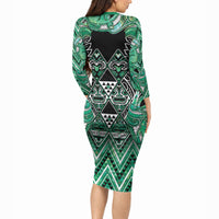 Aotearoa Ngati Awa Long Sleeve Bodycon Dress Maori Tribal Green Marble Paua Shell Pattern DT05 - Polynesian Pride