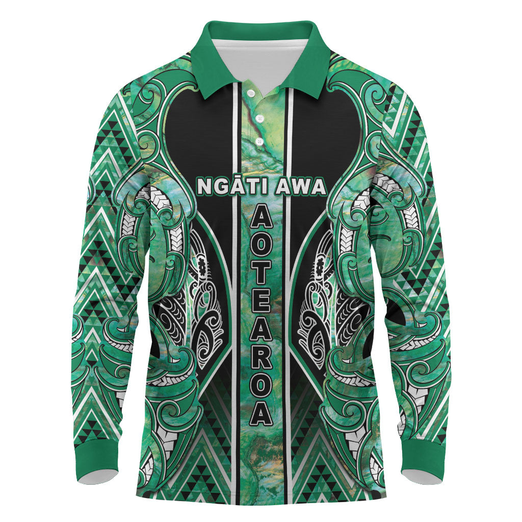 Aotearoa Ngati Awa Long Sleeve Polo Shirt Maori Tribal Green Marble Paua Shell Pattern