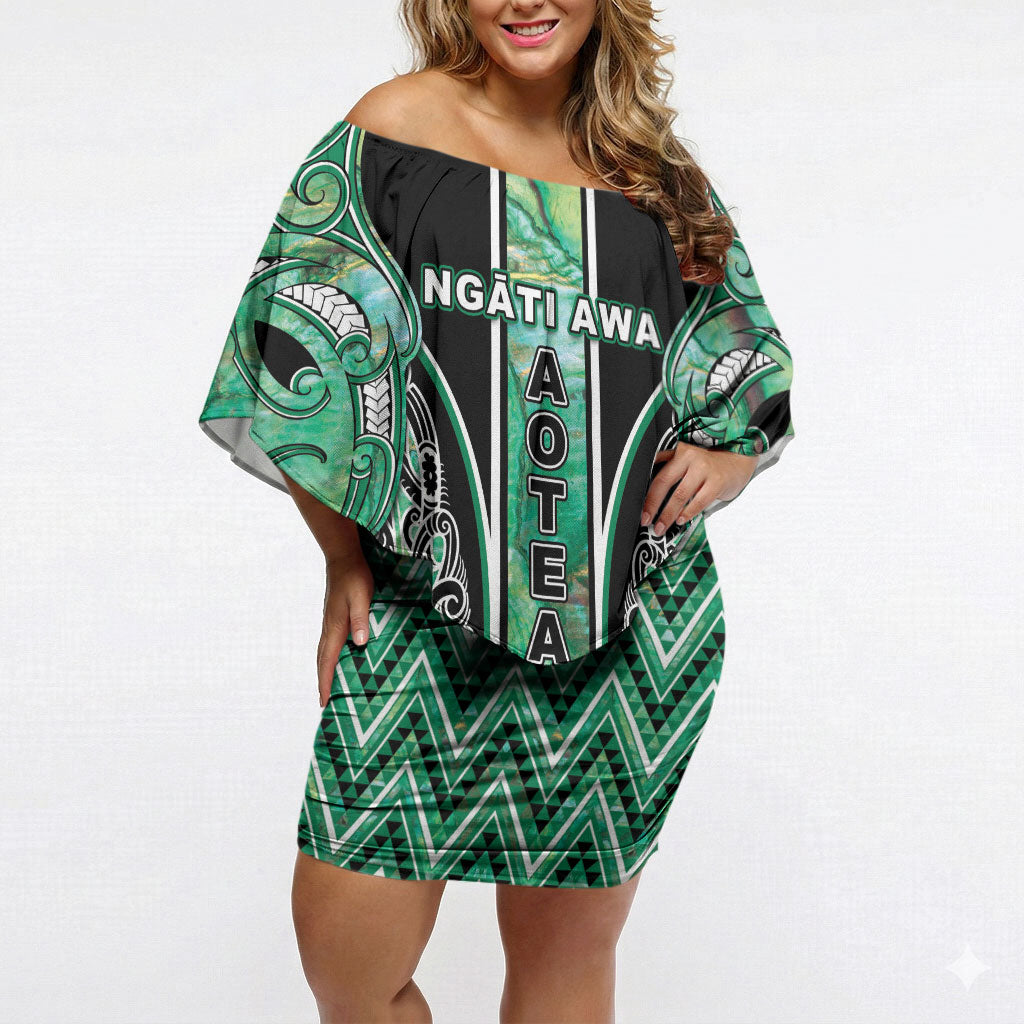 Aotearoa Ngati Awa Off Shoulder Short Dress Maori Tribal Green Marble Paua Shell Pattern