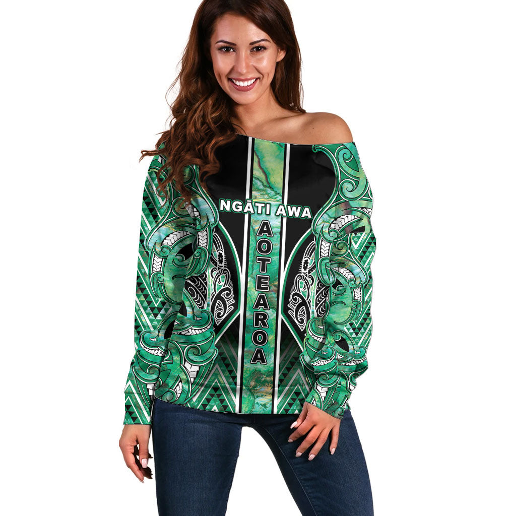 Aotearoa Ngati Awa Off Shoulder Sweater Maori Tribal Green Marble Paua Shell Pattern