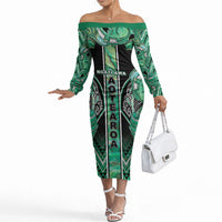 Aotearoa Ngati Awa Off The Shoulder Long Sleeve Dress Maori Tribal Green Marble Paua Shell Pattern DT05 Women Green - Polynesian Pride