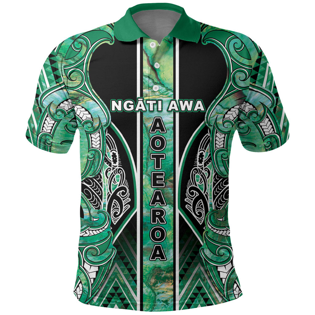 Aotearoa Ngati Awa Polo Shirt Maori Tribal Green Marble Paua Shell Pattern