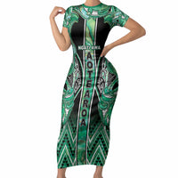 Aotearoa Ngati Awa Short Sleeve Bodycon Dress Maori Tribal Green Marble Paua Shell Pattern DT05 Long Dress Green - Polynesian Pride