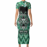 Aotearoa Ngati Awa Short Sleeve Bodycon Dress Maori Tribal Green Marble Paua Shell Pattern DT05 - Polynesian Pride