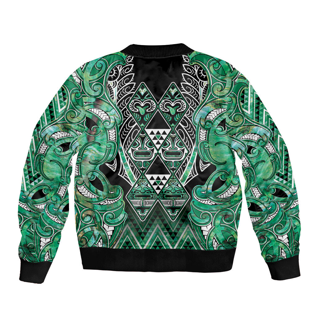 Aotearoa Ngati Awa Sleeve Zip Bomber Jacket Maori Tribal Green Marble Paua Shell Pattern DT05 - Polynesian Pride