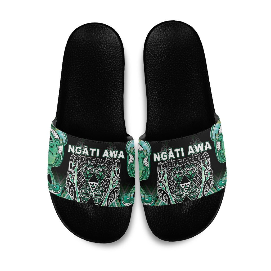Aotearoa Ngati Awa Slide Sandals Maori Tribal Green Marble Paua Shell Pattern DT05 Green - Polynesian Pride