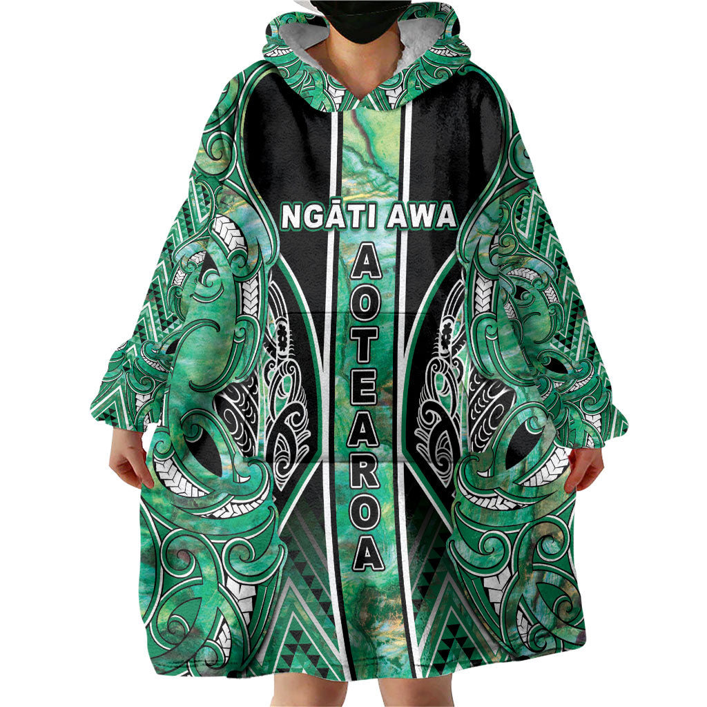 Aotearoa Ngati Awa Wearable Blanket Hoodie Maori Tribal Green Marble Paua Shell Pattern DT05 - Polynesian Pride