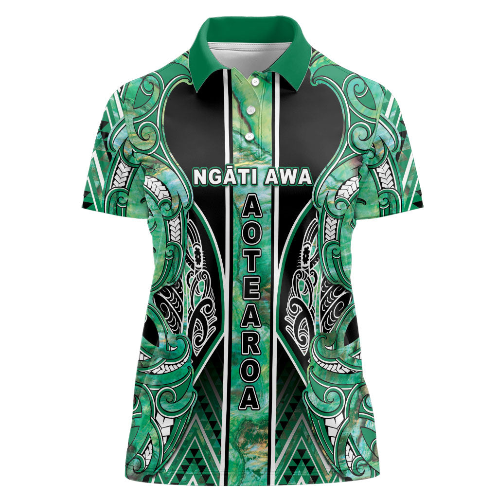 Aotearoa Ngati Awa Women Polo Shirt Maori Tribal Green Marble Paua Shell Pattern