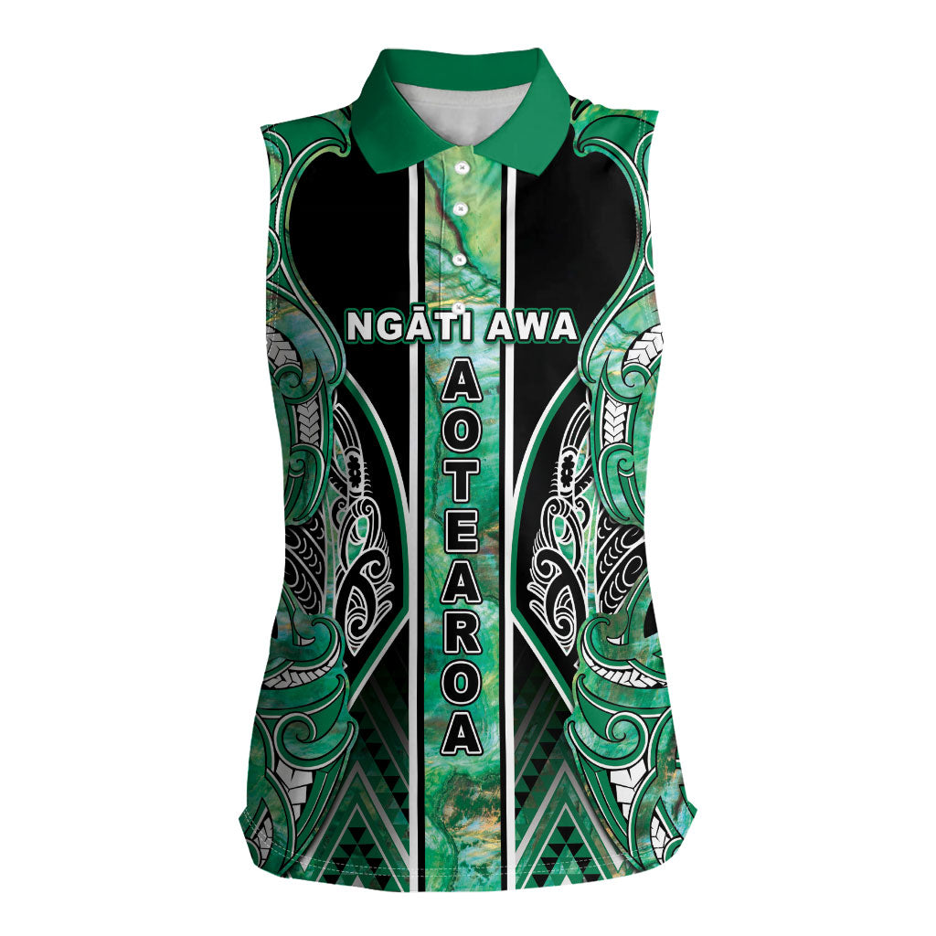 Aotearoa Ngati Awa Women Sleeveless Polo Shirt Maori Tribal Green Marble Paua Shell Pattern