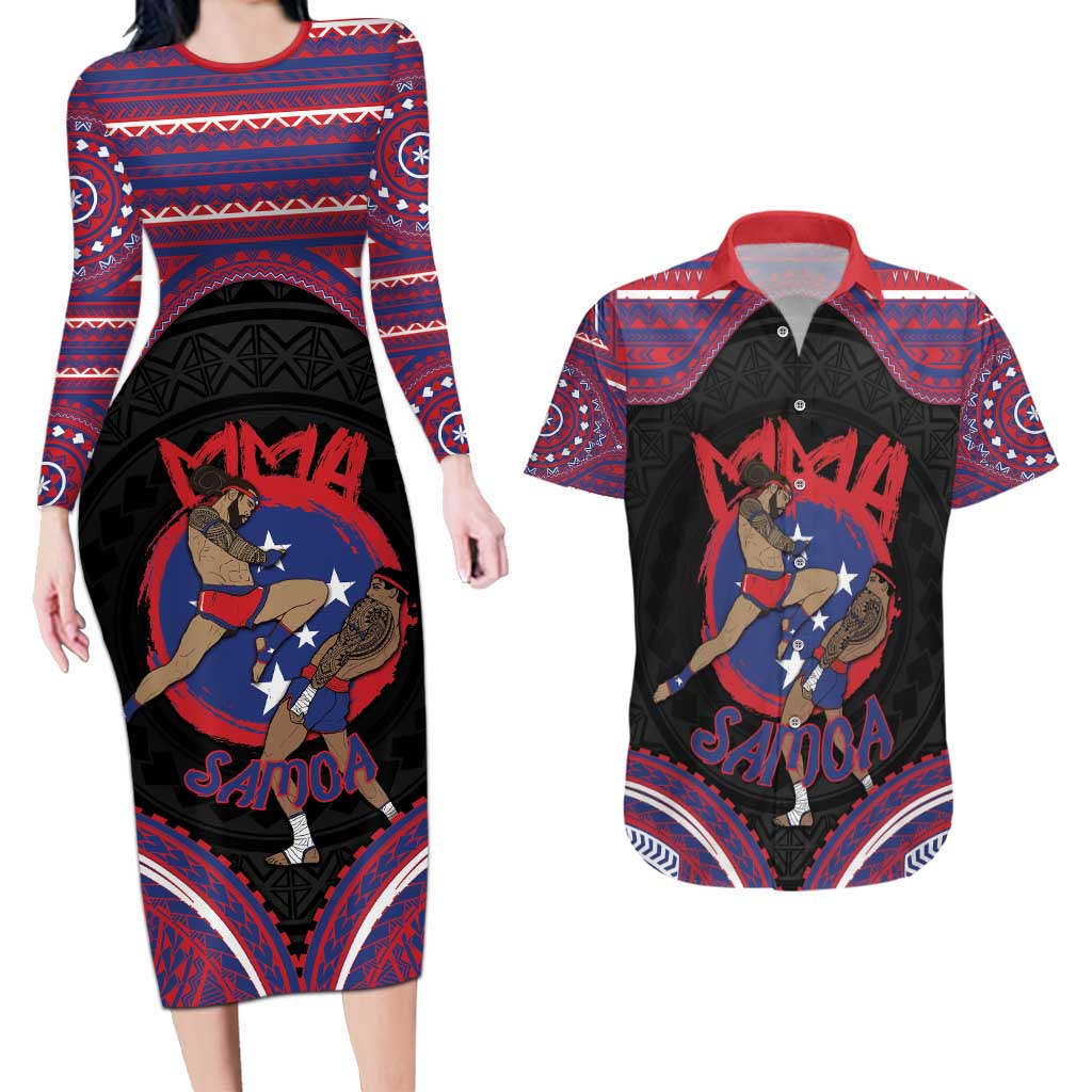 Personalised Samoa Mixed Martial Arts Couples Matching Long Sleeve Bodycon Dress and Hawaiian Shirt Flying Knee Of Samoan - Polynesian Pride