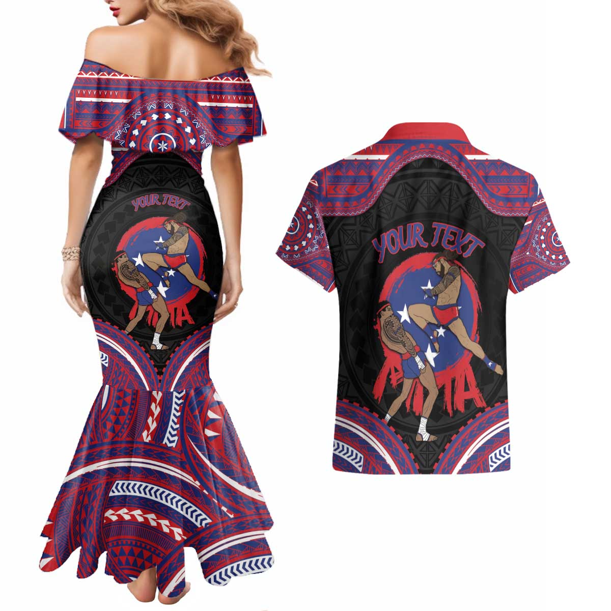 Personalised Samoa Mixed Martial Arts Couples Matching Mermaid Dress and Hawaiian Shirt Flying Knee Of Samoan - Polynesian Pride