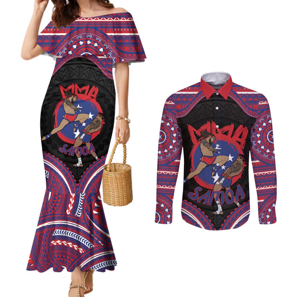 Personalised Samoa Mixed Martial Arts Couples Matching Mermaid Dress and Long Sleeve Button Shirt Flying Knee Of Samoan - Polynesian Pride