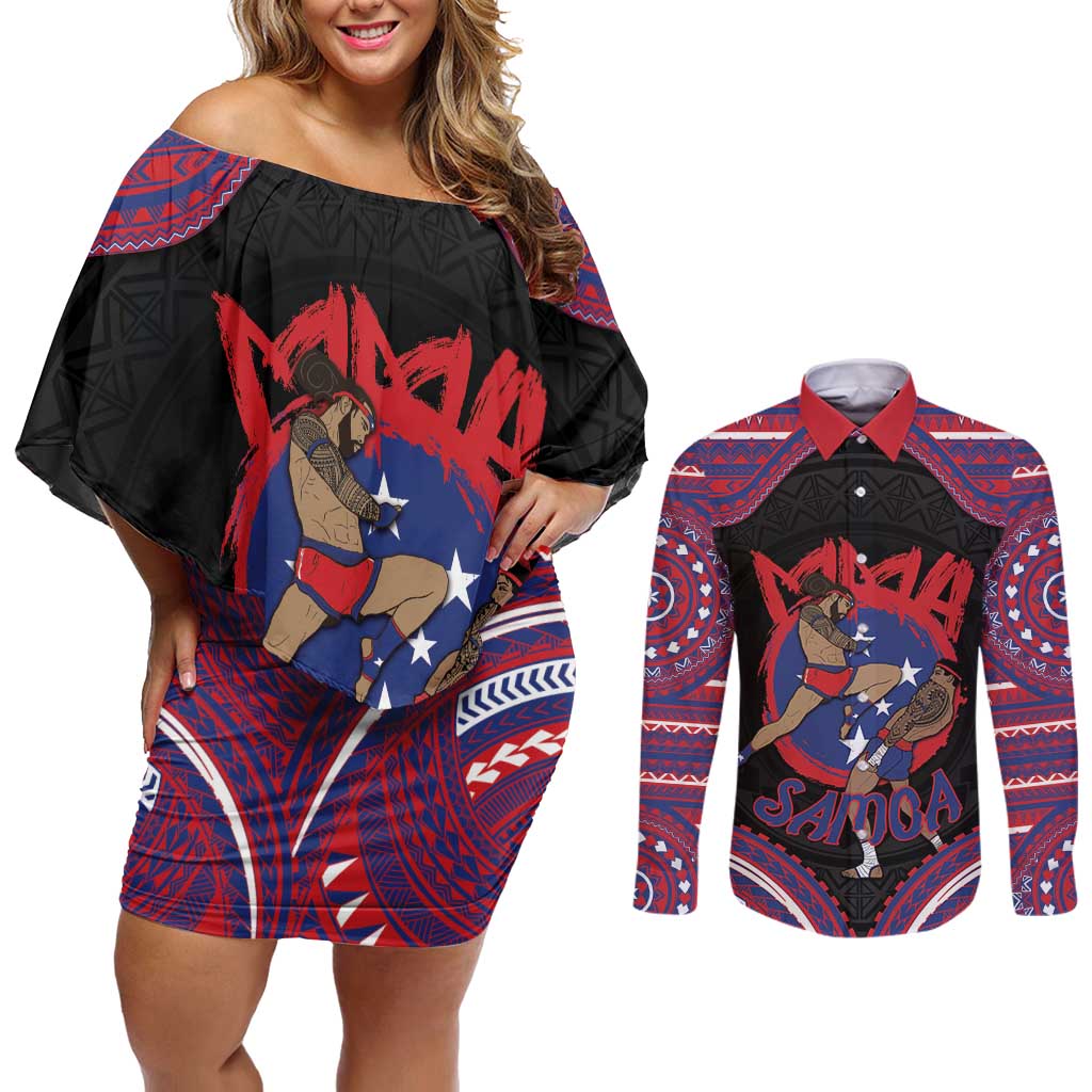 Personalised Samoa Mixed Martial Arts Couples Matching Off Shoulder Short Dress and Long Sleeve Button Shirt Flying Knee Of Samoan - Polynesian Pride