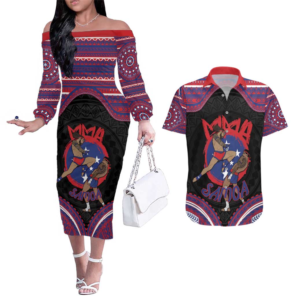 Personalised Samoa Mixed Martial Arts Couples Matching Off The Shoulder Long Sleeve Dress and Hawaiian Shirt Flying Knee Of Samoan - Polynesian Pride