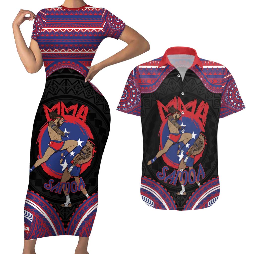 Personalised Samoa Mixed Martial Arts Couples Matching Short Sleeve Bodycon Dress and Hawaiian Shirt Flying Knee Of Samoan - Polynesian Pride
