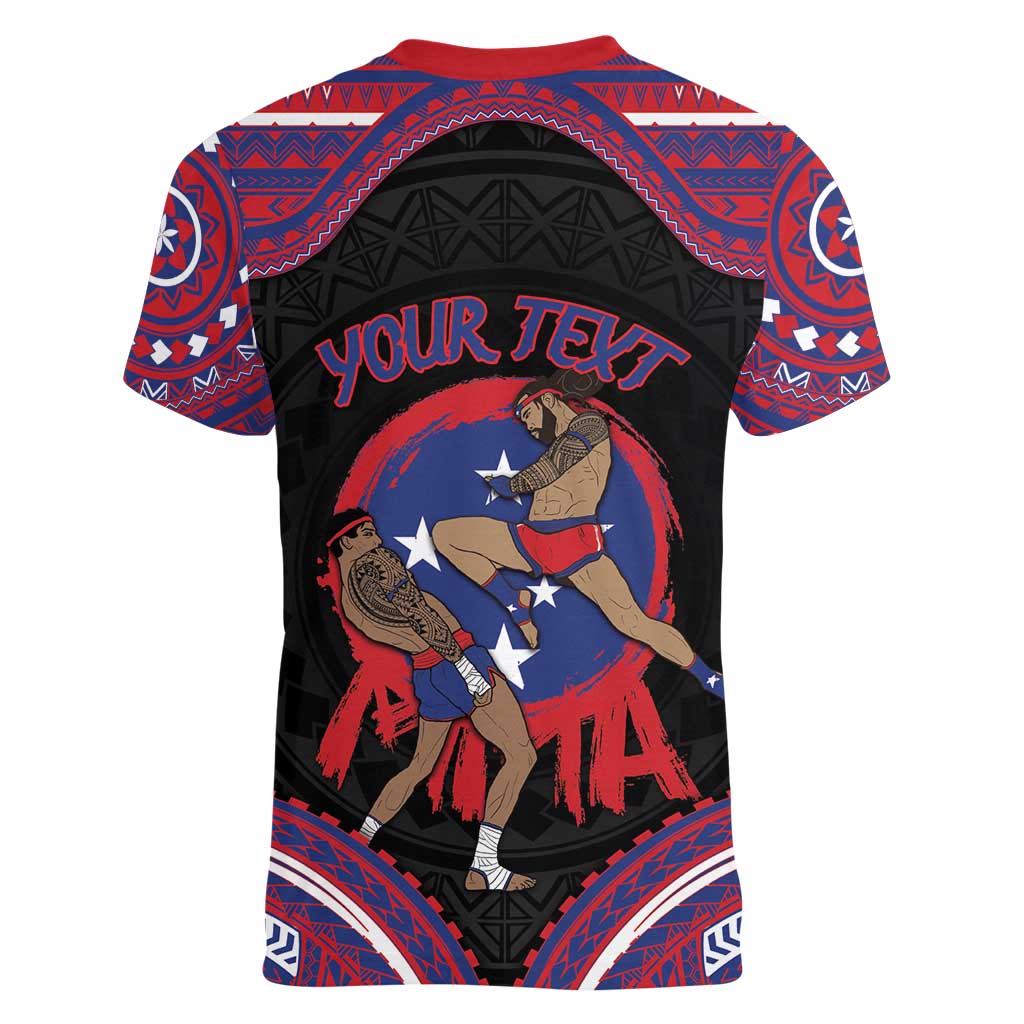 Personalised Samoa Mixed Martial Arts Women V-Neck T-Shirt Flying Knee Of Samoan - Polynesian Pride