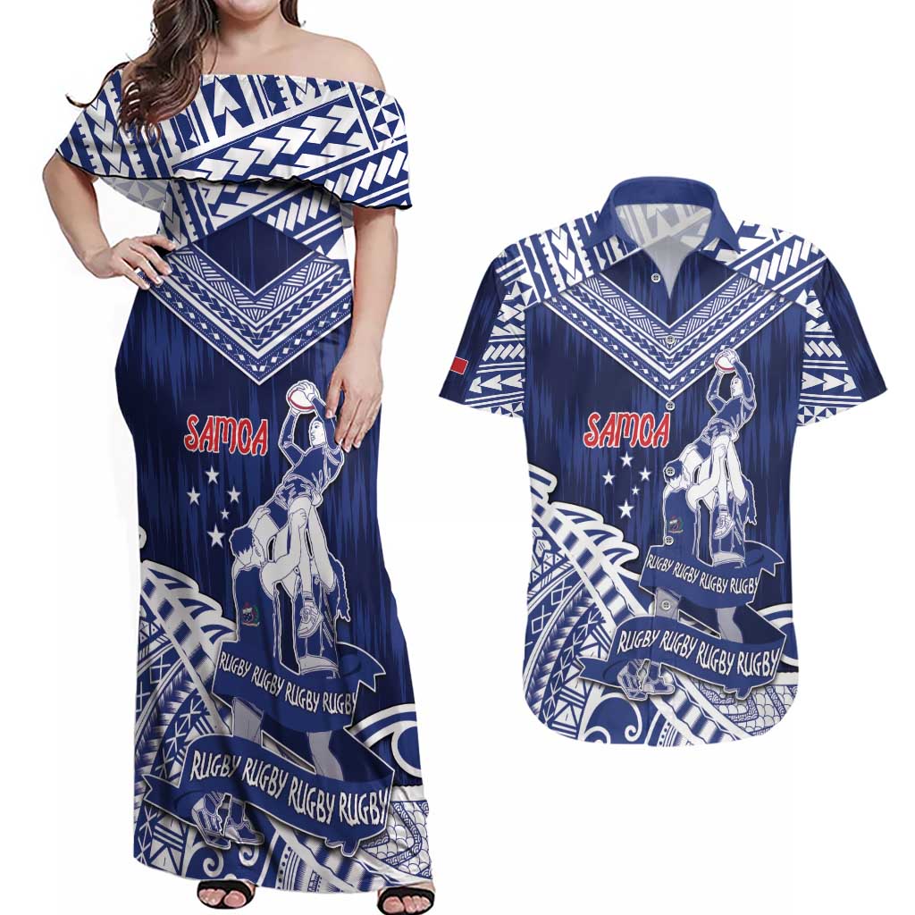 Personalised Samoa Rugby Couples Matching Off Shoulder Maxi Dress and Hawaiian Shirt Pacific Warrior Glory DT05 Navy - Polynesian Pride