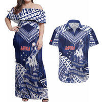Personalised Samoa Rugby Couples Matching Off Shoulder Maxi Dress and Hawaiian Shirt Pacific Warrior Glory DT05 Navy - Polynesian Pride