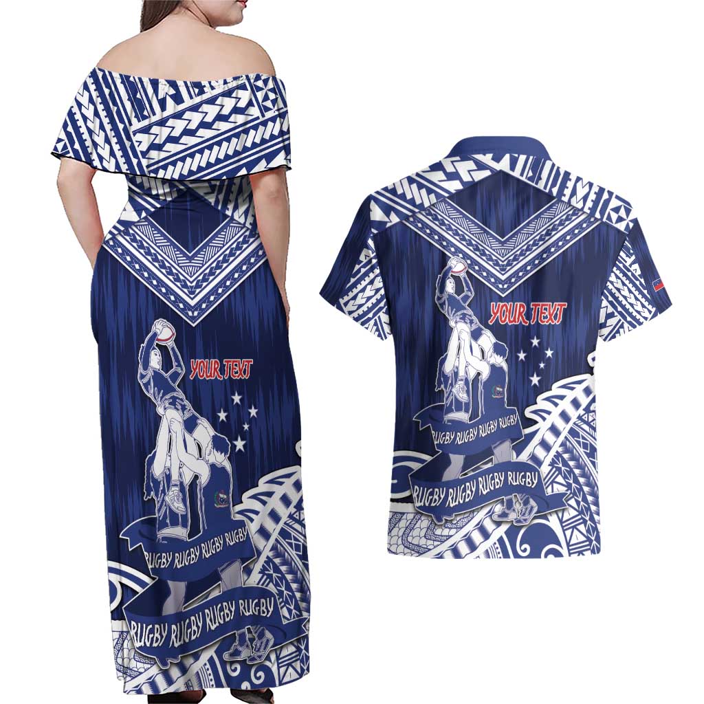 Personalised Samoa Rugby Couples Matching Off Shoulder Maxi Dress and Hawaiian Shirt Pacific Warrior Glory DT05 - Polynesian Pride