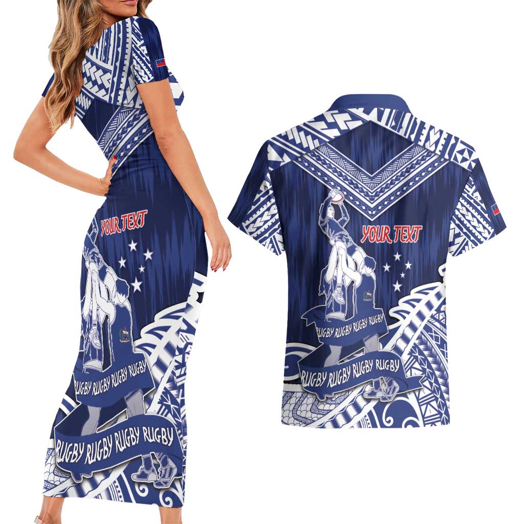 Personalised Samoa Rugby Couples Matching Short Sleeve Bodycon Dress and Hawaiian Shirt Pacific Warrior Glory DT05 - Polynesian Pride