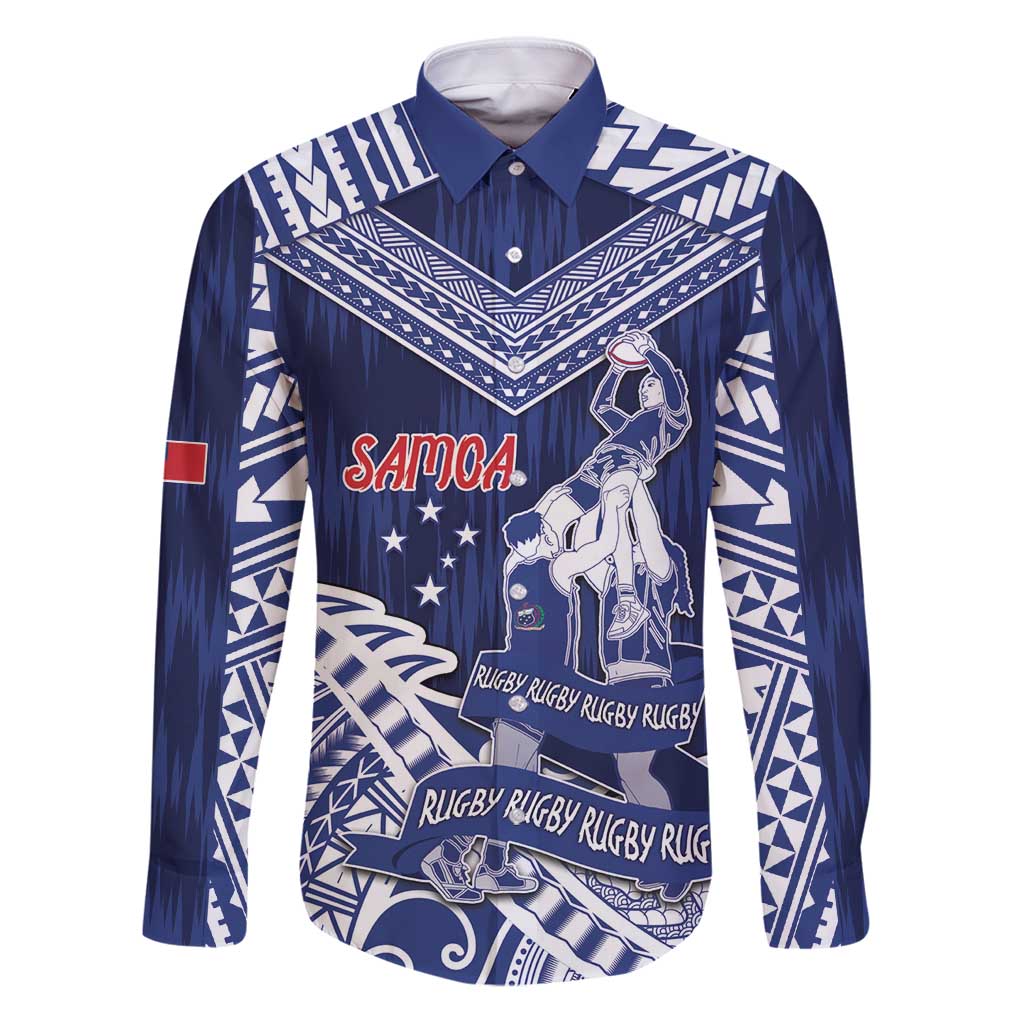 Personalised Samoa Rugby Family Matching Puletasi and Hawaiian Shirt Pacific Warrior Glory DT05 Dad's Shirt - Long Sleeve Navy - Polynesian Pride