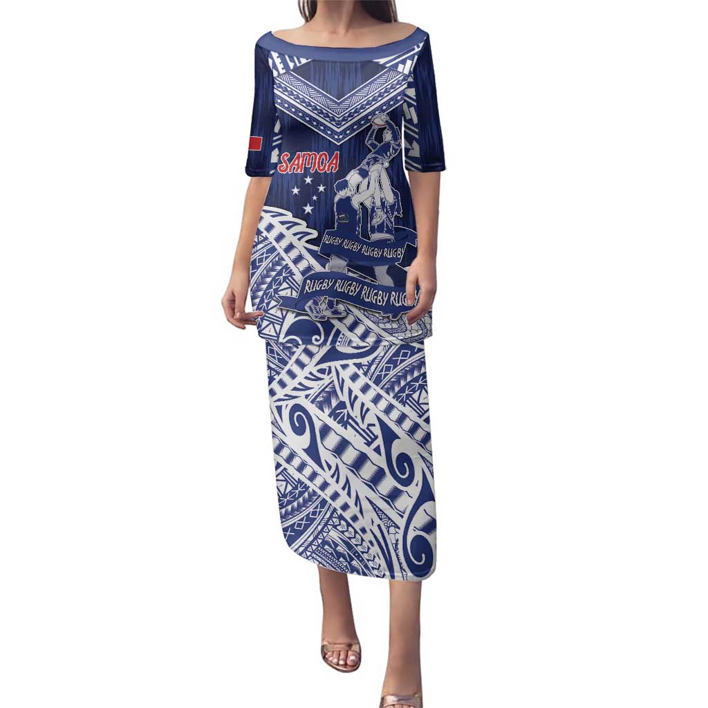 Personalised Samoa Rugby Family Matching Puletasi and Hawaiian Shirt Pacific Warrior Glory DT05 Mom's Dress Navy - Polynesian Pride