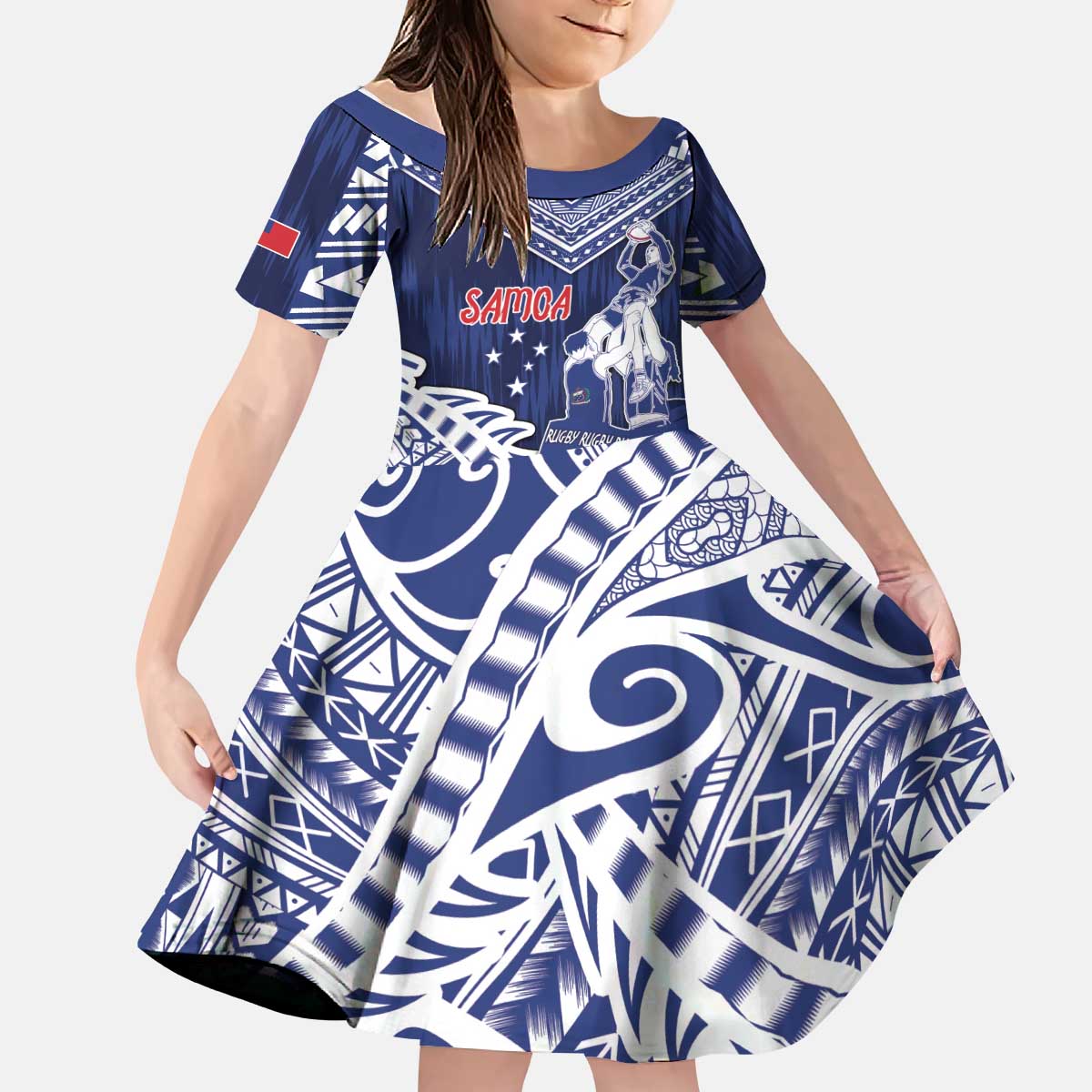 Personalised Samoa Rugby Kid Short Sleeve Dress Pacific Warrior Glory - Polynesian Pride