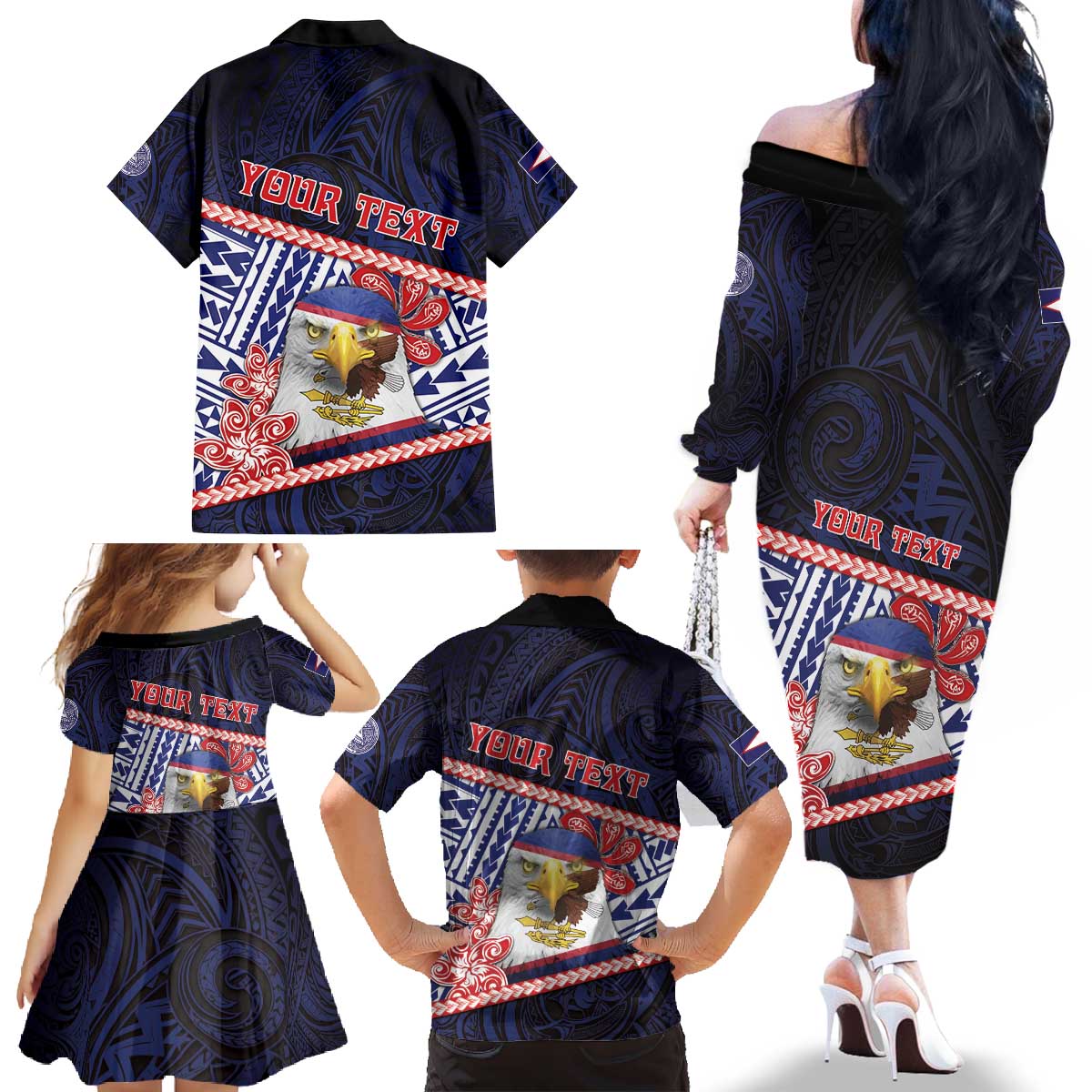 Personalized American Samoa Family Matching Off The Shoulder Long Sleeve Dress and Hawaiian Shirt Bald Eagle With Polynesian Pattern - Polynesian Pride