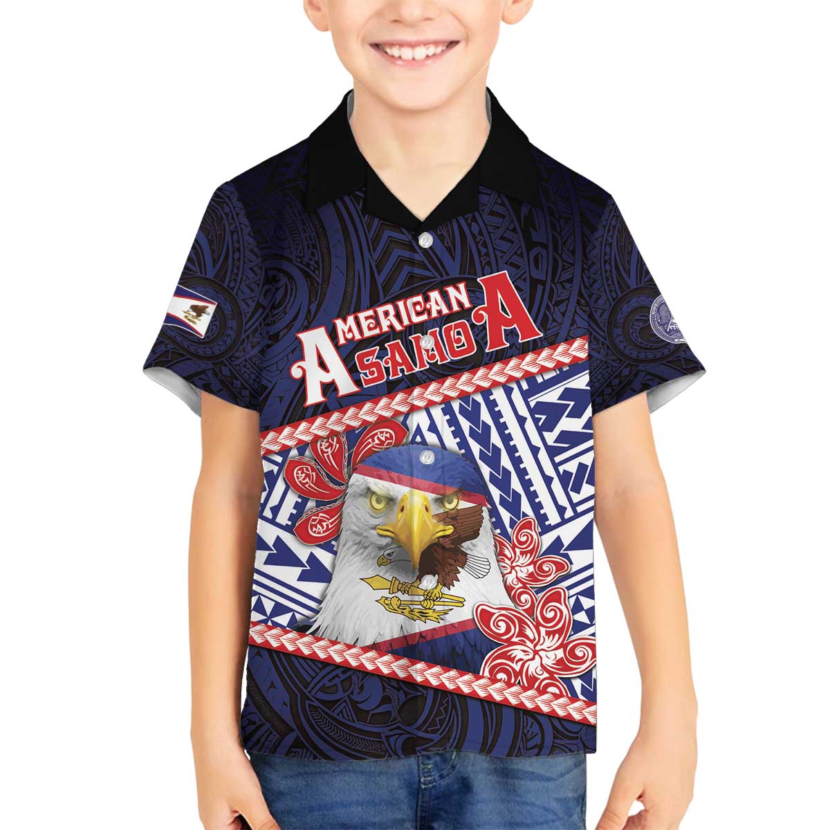 Personalized American Samoa Family Matching Off The Shoulder Long Sleeve Dress and Hawaiian Shirt Bald Eagle With Polynesian Pattern - Polynesian Pride