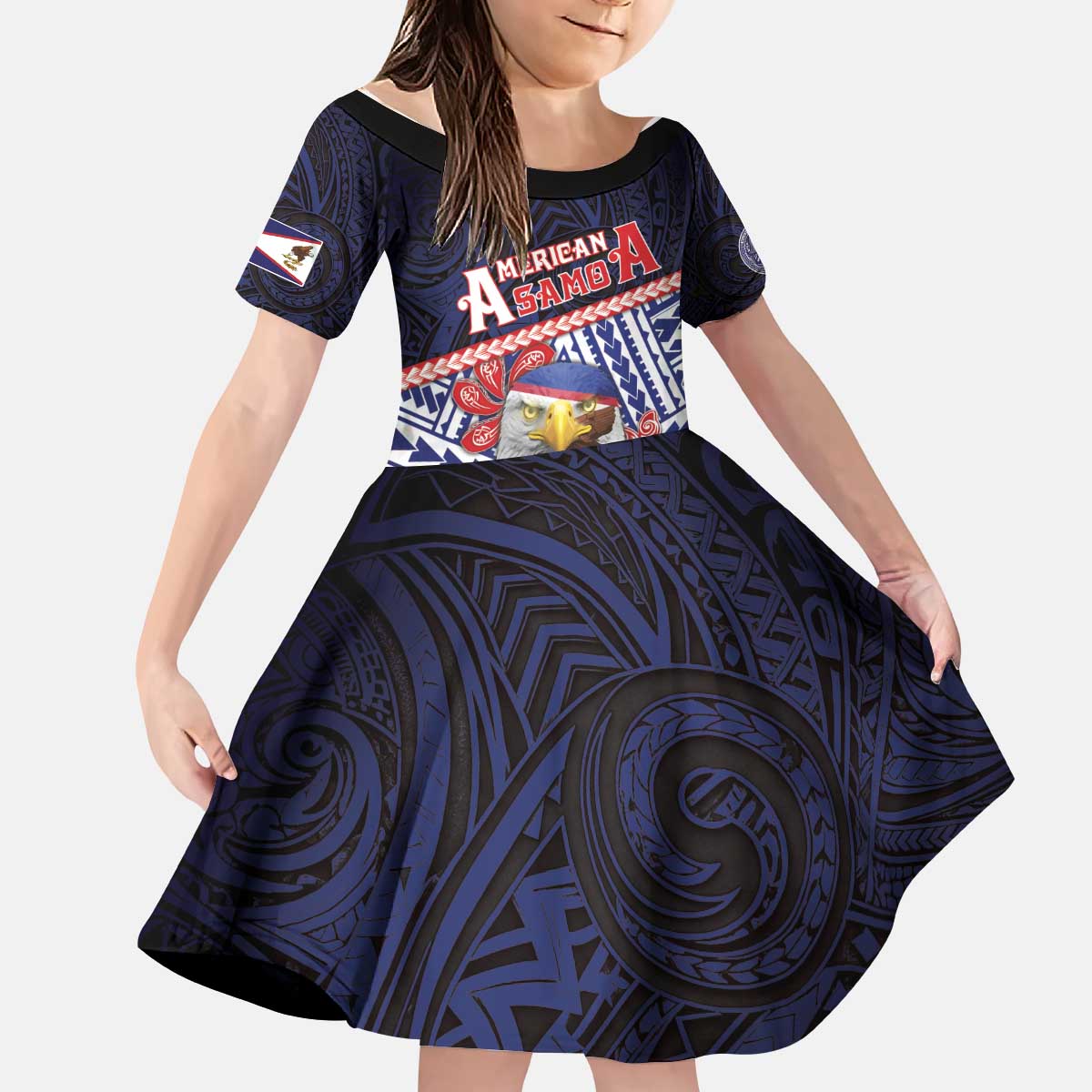 Personalized American Samoa Kid Short Sleeve Dress Bald Eagle With Polynesian Pattern - Polynesian Pride