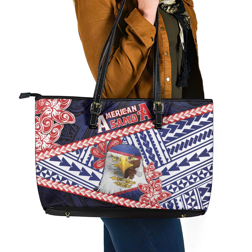 American Samoa Leather Tote Bag Bald Eagle With Polynesian Pattern - Polynesian Pride