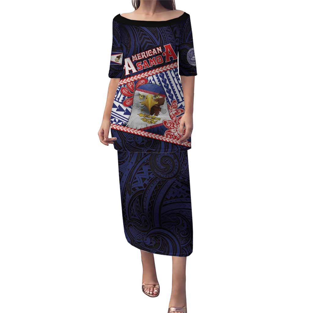 Personalized American Samoa Puletasi Bald Eagle With Polynesian Pattern DT05 Long Dress Navy - Polynesian Pride