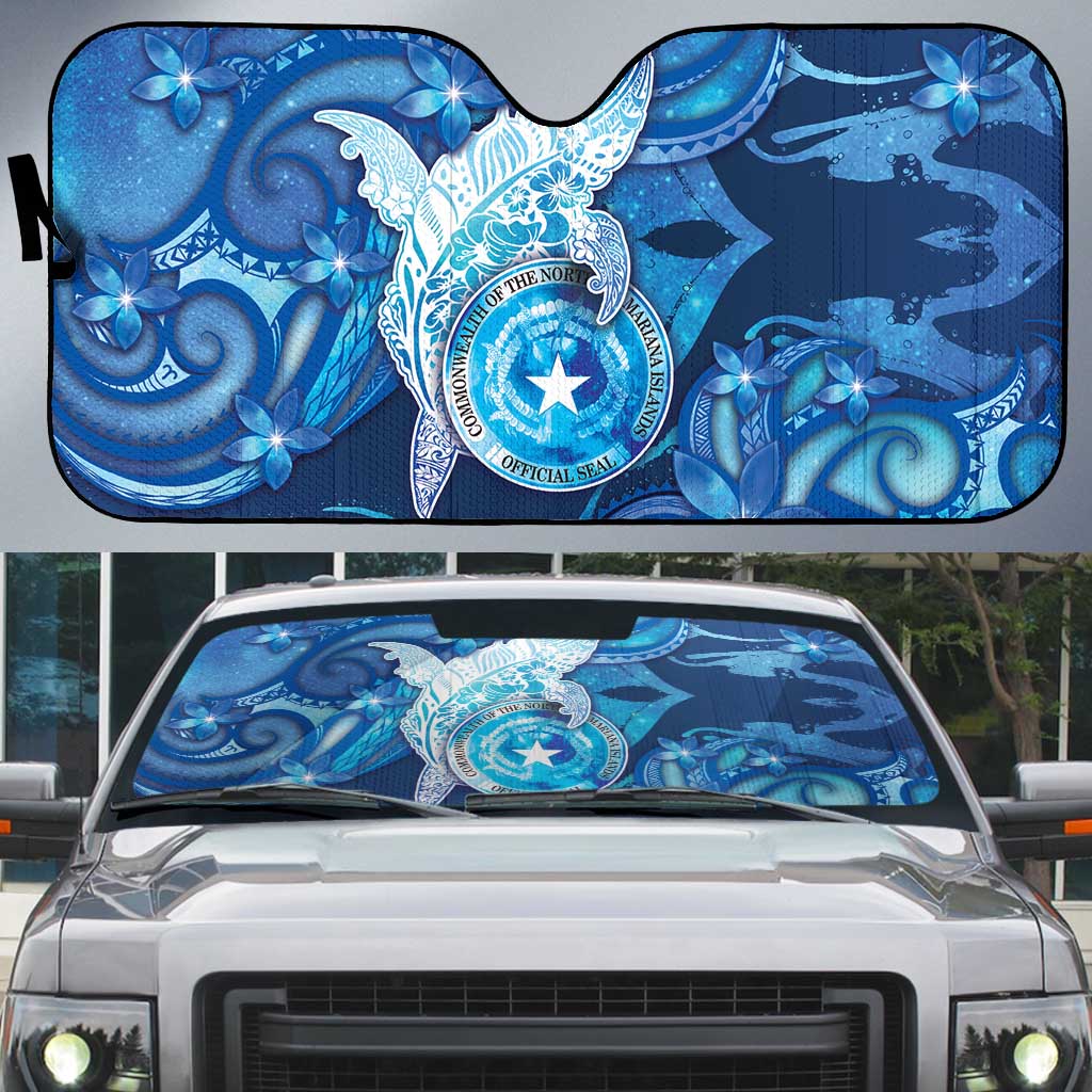 Northern Mariana Islands Auto Sun Shade Galaxy Polynesian Shark Tattoo DT05 Blue - Polynesian Pride