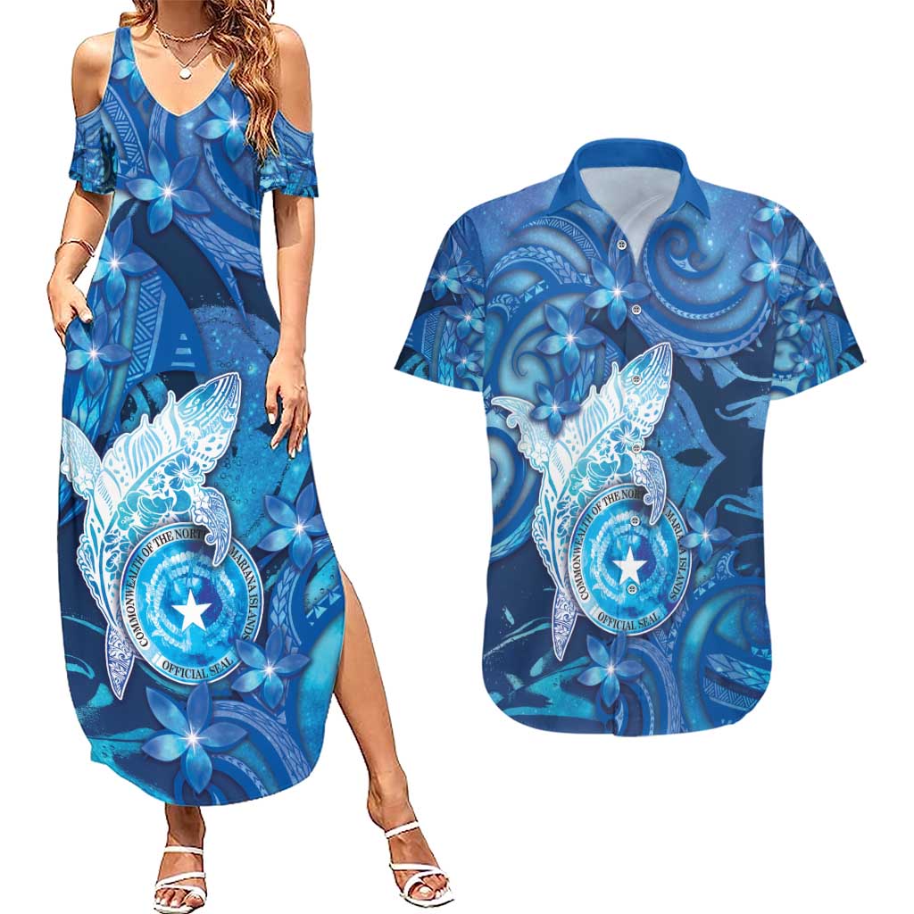 Personalised Northern Mariana Islands Couples Matching Summer Maxi Dress and Hawaiian Shirt Galaxy Polynesian Shark Tattoo - Polynesian Pride